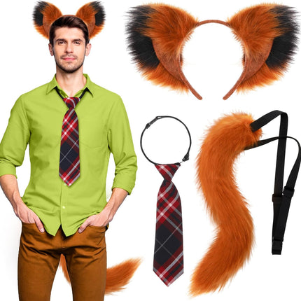 3 Pcs Fox Cosplay Costume Includes Necktie, Ears Headband, and Tail for Halloween Party Adult Accessories -.