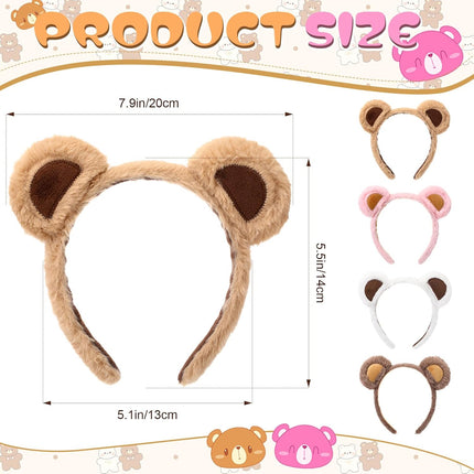 4 Pcs Bear Ears Headbands Bulk for Adults Kids Plush Animal Fluffy Cute Hair Hoops Accessories Birthday Party Cosplay Dress up Makeup Washing Face Women Valentine Girls -.