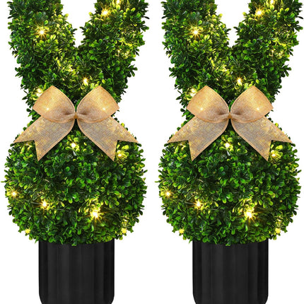 2 Sets Easter Bunny Topiary Tree Artificial Rabbit Outdoor Decorations 23.6 in Bunny-Shaped Faux Boxwood Plant with String Lights for Garden Home Indoor Porch Decor -.