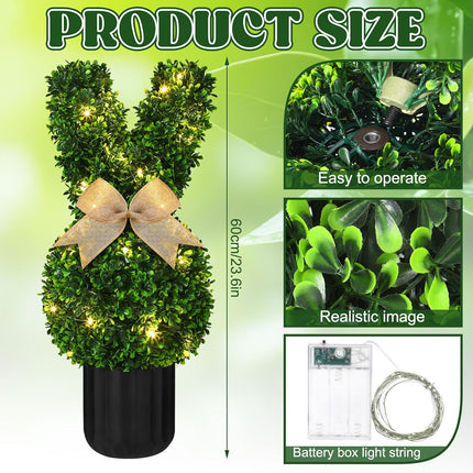 2 Sets Easter Bunny Topiary Tree Artificial Rabbit Outdoor Decorations 23.6 in Bunny-Shaped Faux Boxwood Plant with String Lights for Garden Home Indoor Porch Decor -.
