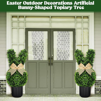 2 Sets Easter Bunny Topiary Tree Artificial Rabbit Outdoor Decorations 23.6 in Bunny-Shaped Faux Boxwood Plant with String Lights for Garden Home Indoor Porch Decor -.