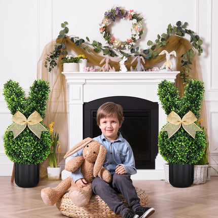 2 Sets Easter Bunny Topiary Tree Artificial Rabbit Outdoor Decorations 23.6 in Bunny-Shaped Faux Boxwood Plant with String Lights for Garden Home Indoor Porch Decor -.