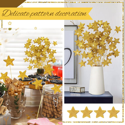 24 Pcs Glitter Star Picks 13.8'' Sparkly Stem Decoration Foam Vase Sticks Centerpiece Table Craft Filler for Wreath Birthday Wedding Bridal Shower Arrangement(Gold) Gold -.