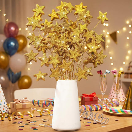 24 Pcs Glitter Star Picks 13.8'' Sparkly Stem Decoration Foam Vase Sticks Centerpiece Table Craft Filler for Wreath Birthday Wedding Bridal Shower Arrangement(Gold) Gold -.