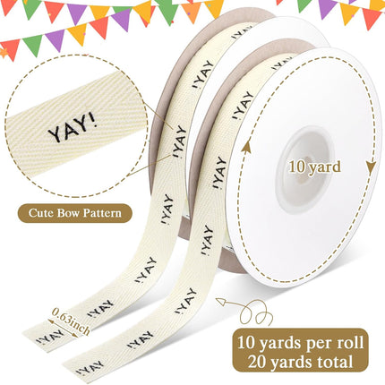 20 Yards Yay Cotton Ribbon, Natural 5/8 Inch 100% Herringbone Twill Ribbon for Crafts Gift Wrapping Birthday Decorations, 2 Rolls -.