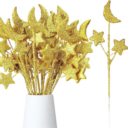24 Pcs Moon Star Floral Picks Gold Stem Vase Filler Glitter Twinkle Table Decoration for Centerpiece Ramadan Tree Home Living Room Wedding Birthday Party, 12.2 Inch -.