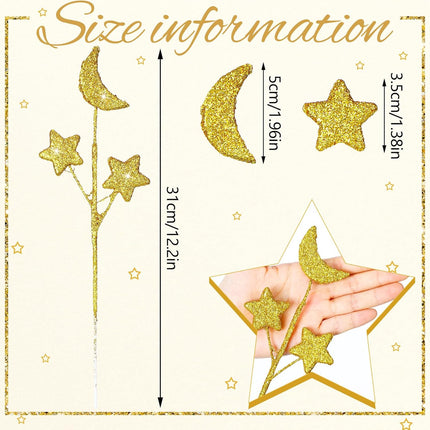24 Pcs Moon Star Floral Picks Gold Stem Vase Filler Glitter Twinkle Table Decoration for Centerpiece Ramadan Tree Home Living Room Wedding Birthday Party, 12.2 Inch -.