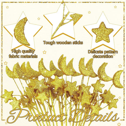 24 Pcs Moon Star Floral Picks Gold Stem Vase Filler Glitter Twinkle Table Decoration for Centerpiece Ramadan Tree Home Living Room Wedding Birthday Party, 12.2 Inch -.