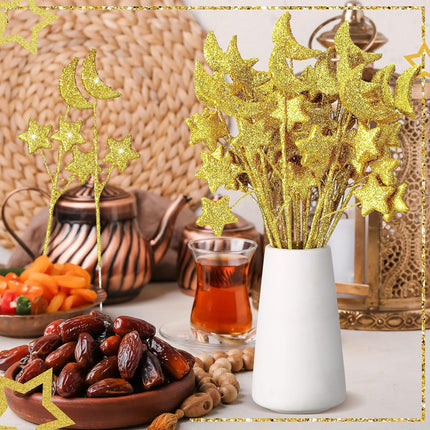 24 Pcs Moon Star Floral Picks Gold Stem Vase Filler Glitter Twinkle Table Decoration for Centerpiece Ramadan Tree Home Living Room Wedding Birthday Party, 12.2 Inch -.