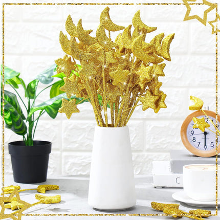 24 Pcs Moon Star Floral Picks Gold Stem Vase Filler Glitter Twinkle Table Decoration for Centerpiece Ramadan Tree Home Living Room Wedding Birthday Party, 12.2 Inch -.