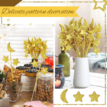 24 Pcs Moon Star Floral Picks Gold Stem Vase Filler Glitter Twinkle Table Decoration for Centerpiece Ramadan Tree Home Living Room Wedding Birthday Party, 12.2 Inch -.