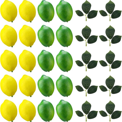 20 Pcs Artificial Lemons and Limes with 10 Leaves Fake Fruit Faux Decor for Home Kitchen Table Centerpieces Cabinet Party Photo Prop(Yellow,Green) Yellow,green -.