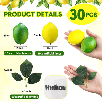 20 Pcs Artificial Lemons and Limes with 10 Leaves Fake Fruit Faux Decor for Home Kitchen Table Centerpieces Cabinet Party Photo Prop(Yellow,Green) Yellow,green -.