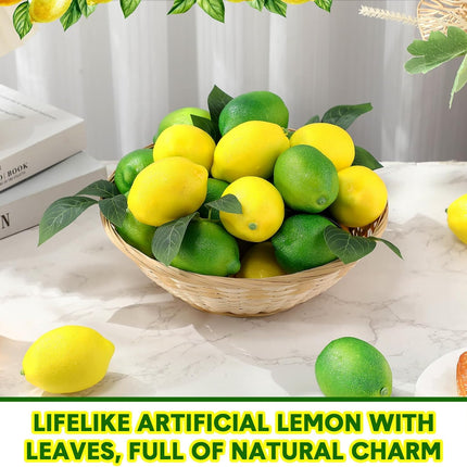 20 Pcs Artificial Lemons and Limes with 10 Leaves Fake Fruit Faux Decor for Home Kitchen Table Centerpieces Cabinet Party Photo Prop(Yellow,Green) Yellow,green -.