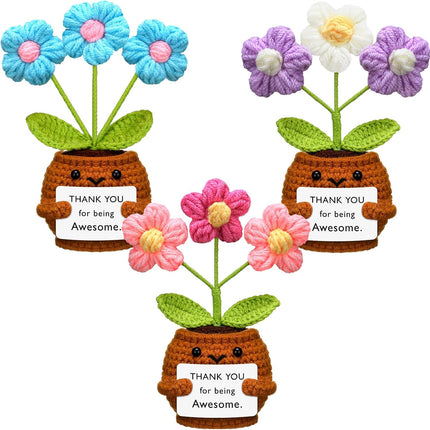 3 Pcs Thank You Gifts Employees Teacher Appreciation Handmade Positive Flower Crochet with Inspirational Card for Women Men Coworker Friend Office Staff Favors Blue, Purple, Pink -.