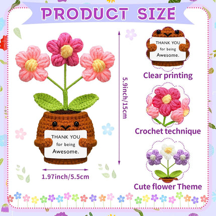 3 Pcs Thank You Gifts Employees Teacher Appreciation Handmade Positive Flower Crochet with Inspirational Card for Women Men Coworker Friend Office Staff Favors Blue, Purple, Pink -.