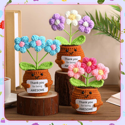 3 Pcs Thank You Gifts Employees Teacher Appreciation Handmade Positive Flower Crochet with Inspirational Card for Women Men Coworker Friend Office Staff Favors Blue, Purple, Pink -.