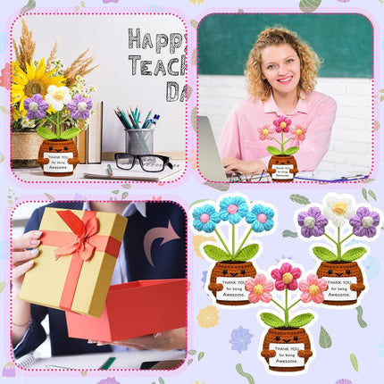 3 Pcs Thank You Gifts Employees Teacher Appreciation Handmade Positive Flower Crochet with Inspirational Card for Women Men Coworker Friend Office Staff Favors Blue, Purple, Pink -.