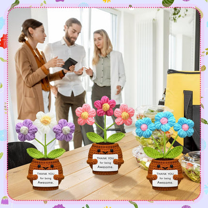 3 Pcs Thank You Gifts Employees Teacher Appreciation Handmade Positive Flower Crochet with Inspirational Card for Women Men Coworker Friend Office Staff Favors Blue, Purple, Pink -.