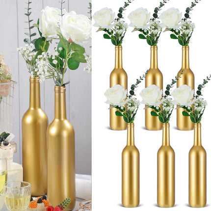 30 Pcs 6 Set Gold Vase Flower Centerpieces for Wedding Table Glass Wine Bottle Candle Holder with Artificial Rose Eucalyptus Baby's Breath Reception Decor(White) White -.