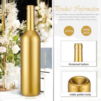 30 Pcs 6 Set Gold Vase Flower Centerpieces for Wedding Table Glass Wine Bottle Candle Holder with Artificial Rose Eucalyptus Baby's Breath Reception Decor(White) White -.