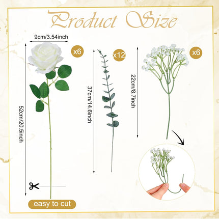 30 Pcs 6 Set Gold Vase Flower Centerpieces for Wedding Table Glass Wine Bottle Candle Holder with Artificial Rose Eucalyptus Baby's Breath Reception Decor(White) White -.