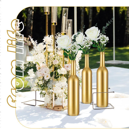 30 Pcs 6 Set Gold Vase Flower Centerpieces for Wedding Table Glass Wine Bottle Candle Holder with Artificial Rose Eucalyptus Baby's Breath Reception Decor(White) White -.