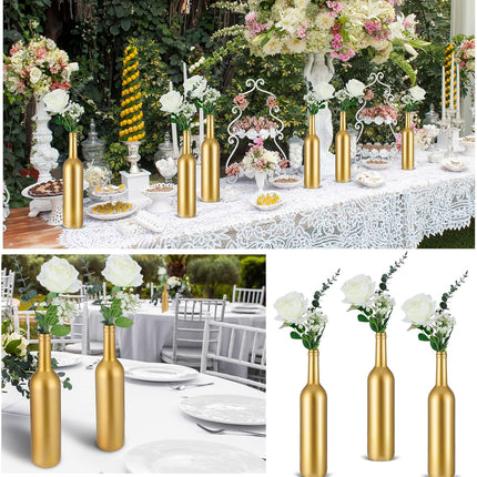 30 Pcs 6 Set Gold Vase Flower Centerpieces for Wedding Table Glass Wine Bottle Candle Holder with Artificial Rose Eucalyptus Baby's Breath Reception Decor(White) White -.