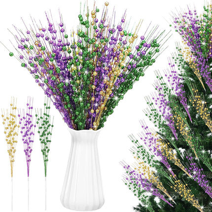 18 Pcs Mardi Gras Decoration Floral Picks Tree Decorations 17 Inch Carnaval Purple Green and Gold Glitter Berry Stems Artificial Sprays Decor for Wreaths Centerpieces -.