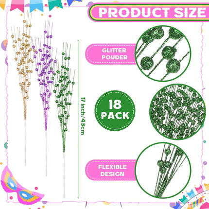 18 Pcs Mardi Gras Decoration Floral Picks Tree Decorations 17 Inch Carnaval Purple Green and Gold Glitter Berry Stems Artificial Sprays Decor for Wreaths Centerpieces -.