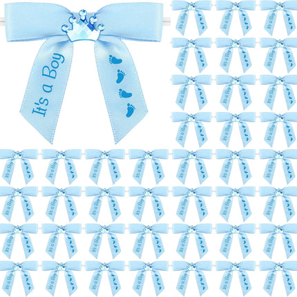 100 Pcs Baby Shower Satin Ribbon Twist Tie Bows 2.5" Pre Tied Craft Bow Foot Print for Birthday Party Treat Bags Gift Wrapping Basket Decor (Baby Blue) Blue -.