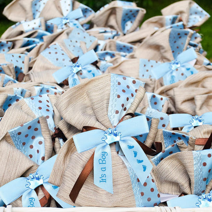100 Pcs Baby Shower Satin Ribbon Twist Tie Bows 2.5" Pre Tied Craft Bow Foot Print for Birthday Party Treat Bags Gift Wrapping Basket Decor (Baby Blue) Blue -.
