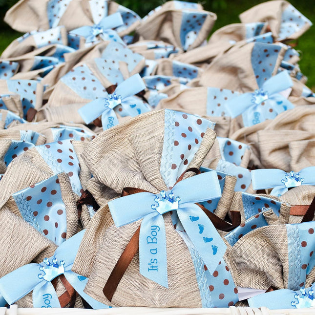 100 Pcs Baby Shower Satin Ribbon Twist Tie Bows 2.5" Pre Tied Craft Bow Foot Print for Birthday Party Treat Bags Gift Wrapping Basket Decor (Baby Blue) Blue -.