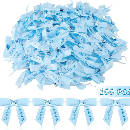 100 Pcs Baby Shower Satin Ribbon Twist Tie Bows 2.5" Pre Tied Craft Bow Foot Print for Birthday Party Treat Bags Gift Wrapping Basket Decor (Baby Blue) Blue -.