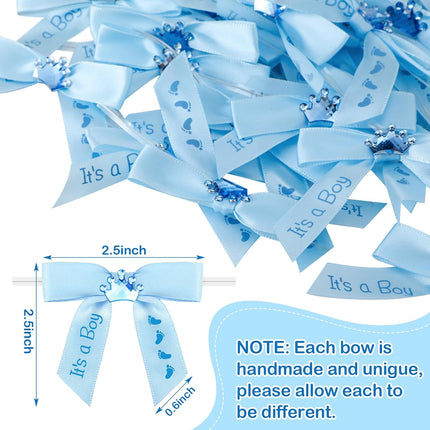 100 Pcs Baby Shower Satin Ribbon Twist Tie Bows 2.5" Pre Tied Craft Bow Foot Print for Birthday Party Treat Bags Gift Wrapping Basket Decor (Baby Blue) Blue -.