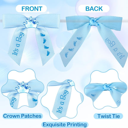 100 Pcs Baby Shower Satin Ribbon Twist Tie Bows 2.5" Pre Tied Craft Bow Foot Print for Birthday Party Treat Bags Gift Wrapping Basket Decor (Baby Blue) Blue -.
