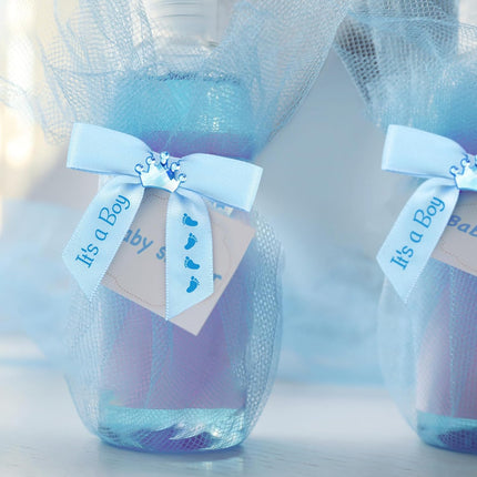 100 Pcs Baby Shower Satin Ribbon Twist Tie Bows 2.5" Pre Tied Craft Bow Foot Print for Birthday Party Treat Bags Gift Wrapping Basket Decor (Baby Blue) Blue -.
