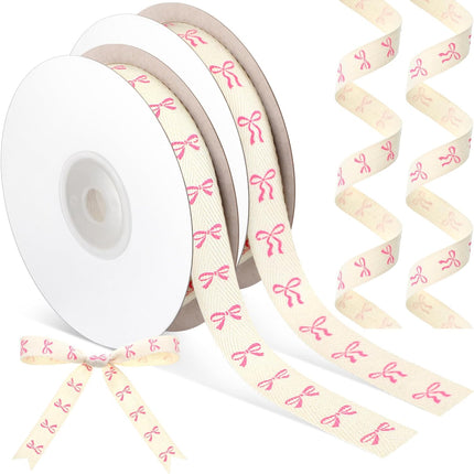 20 Yards Pink Bow Ribbon, Natural 5/8 Inch 100% Cotton Herringbone Twill Fabric Ribbon Decorations for Crafts Gifts Wrapping, 2 Rolls -.