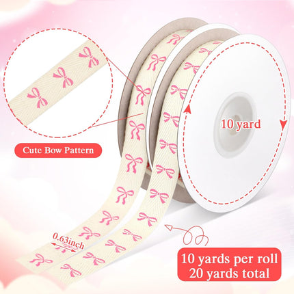20 Yards Pink Bow Ribbon, Natural 5/8 Inch 100% Cotton Herringbone Twill Fabric Ribbon Decorations for Crafts Gifts Wrapping, 2 Rolls -.