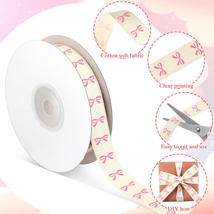 20 Yards Pink Bow Ribbon, Natural 5/8 Inch 100% Cotton Herringbone Twill Fabric Ribbon Decorations for Crafts Gifts Wrapping, 2 Rolls -.
