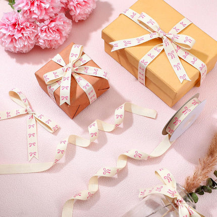 20 Yards Pink Bow Ribbon, Natural 5/8 Inch 100% Cotton Herringbone Twill Fabric Ribbon Decorations for Crafts Gifts Wrapping, 2 Rolls -.