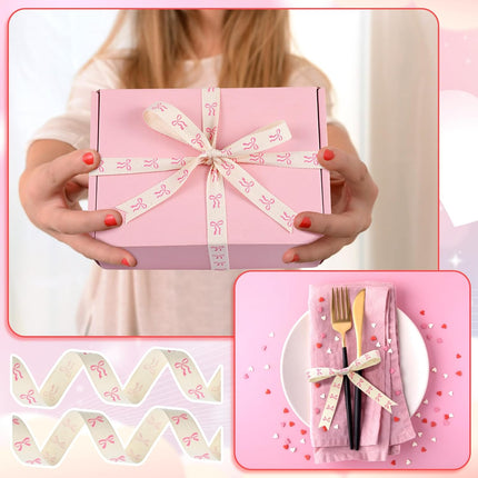 20 Yards Pink Bow Ribbon, Natural 5/8 Inch 100% Cotton Herringbone Twill Fabric Ribbon Decorations for Crafts Gifts Wrapping, 2 Rolls -.