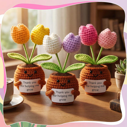 3 Pcs Teacher Appreciation Gifts Easter Gift Positive Flower Handmade Crochet Doll Thank You for Helping Me Grow Teachers Week(Tulip) -.