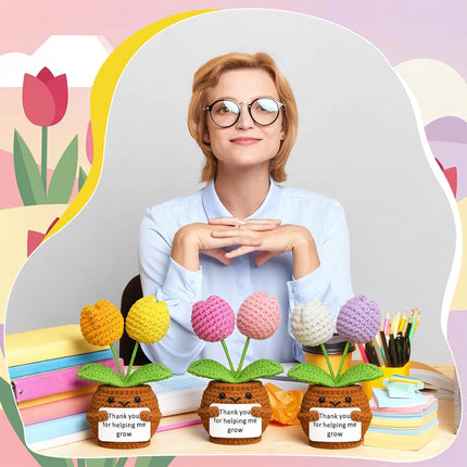 3 Pcs Teacher Appreciation Gifts Easter Gift Positive Flower Handmade Crochet Doll Thank You for Helping Me Grow Teachers Week(Tulip) -.