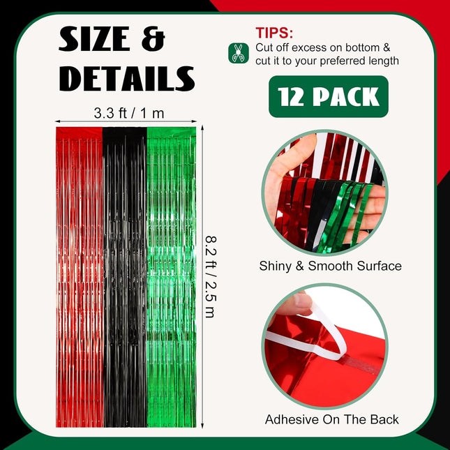 12 Pcs Juneteenth Party Decorations Freedom Day Foil Fringe Curtain Backdrop 100 x 39 Inch Metallic Tinsel Decor Black Red Green African American for Photo Props Red,Black,Green -.