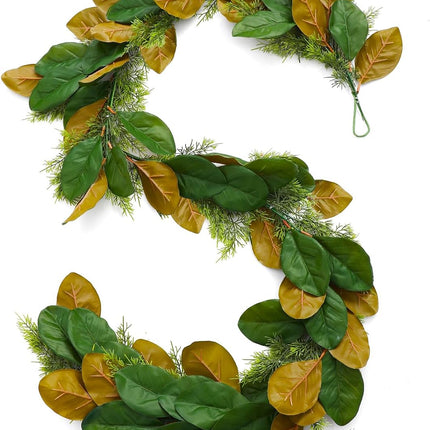 6 ft Realistic Magnolia Garland with Artificial Faux Cedar, Brown and Green Leaf Christmas Decorations for Mantle Fireplaces Stair Xmas Holiday Party Table Decor -.