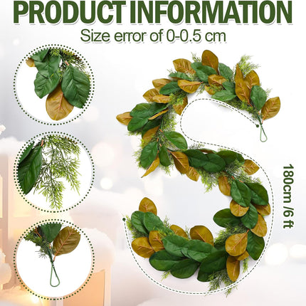 6 ft Realistic Magnolia Garland with Artificial Faux Cedar, Brown and Green Leaf Christmas Decorations for Mantle Fireplaces Stair Xmas Holiday Party Table Decor -.