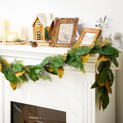 6 ft Realistic Magnolia Garland with Artificial Faux Cedar, Brown and Green Leaf Christmas Decorations for Mantle Fireplaces Stair Xmas Holiday Party Table Decor -.