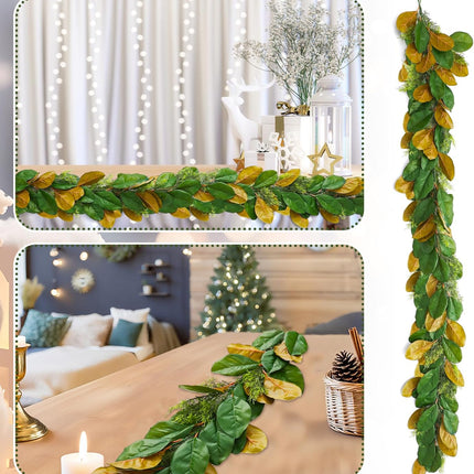 6 ft Realistic Magnolia Garland with Artificial Faux Cedar, Brown and Green Leaf Christmas Decorations for Mantle Fireplaces Stair Xmas Holiday Party Table Decor -.