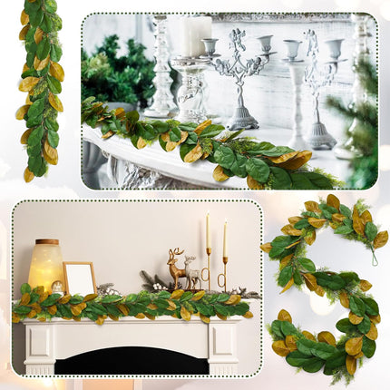 6 ft Realistic Magnolia Garland with Artificial Faux Cedar, Brown and Green Leaf Christmas Decorations for Mantle Fireplaces Stair Xmas Holiday Party Table Decor -.